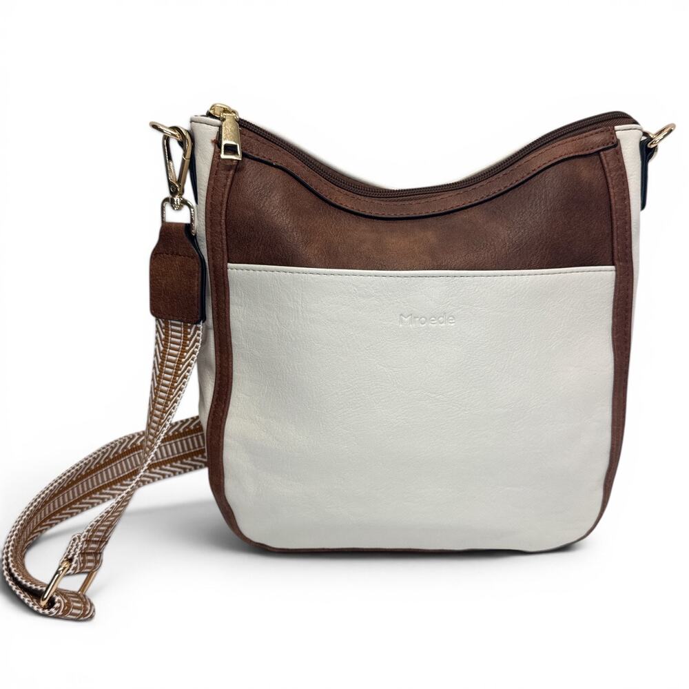 Crossbody Bag Vegan Leather Cream Brown Wide Strap Purse NWT Mroede